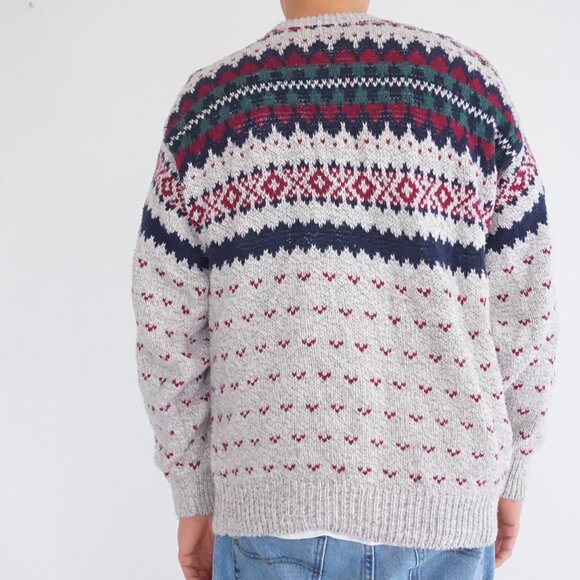 Vintage American Spirit Gray Wool Blend Fair Isle Cabincore Eclectic Sweater L - Picture 2 of 10